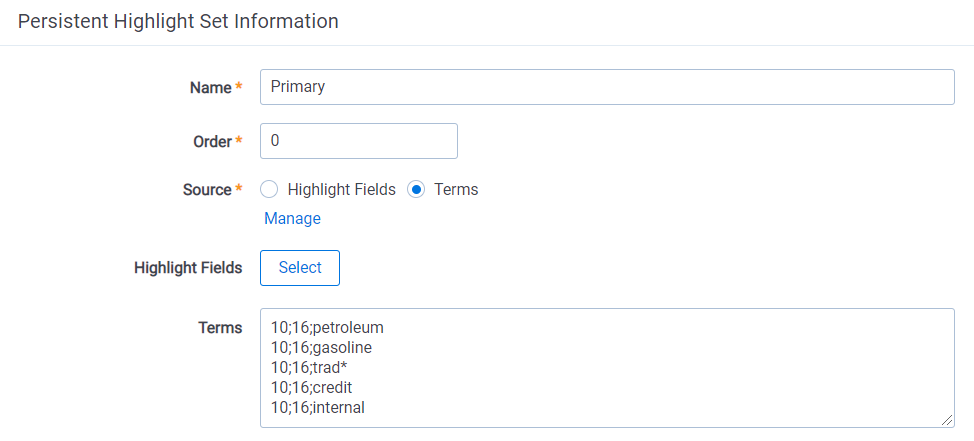 The Persistent Highlight Set Information section with some fields completed.