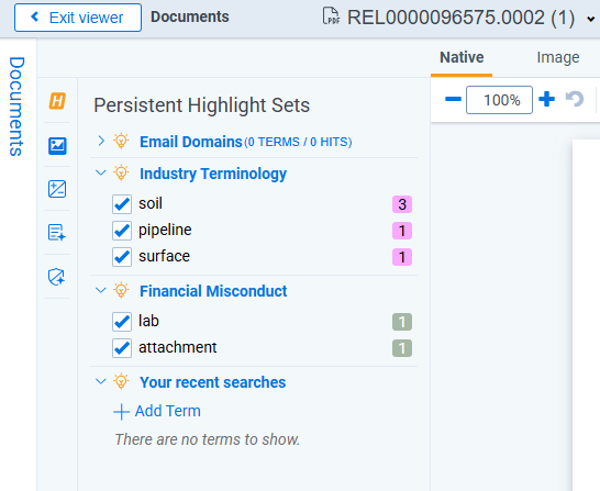 The Persistent Highlight Sets pane is expanded with a couple of persistent highlight sets displaying.