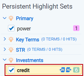 The credit term is highlighted in the Persistent Highlight Sets pane to indicate where you can navigate between terms.