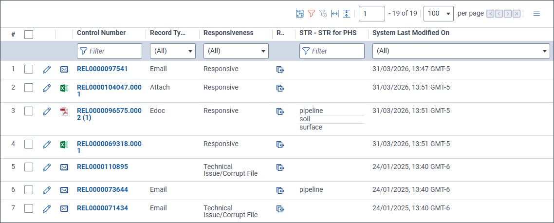 The document list displays with the STR - search term report field included.  This field includes search terms report results in it.