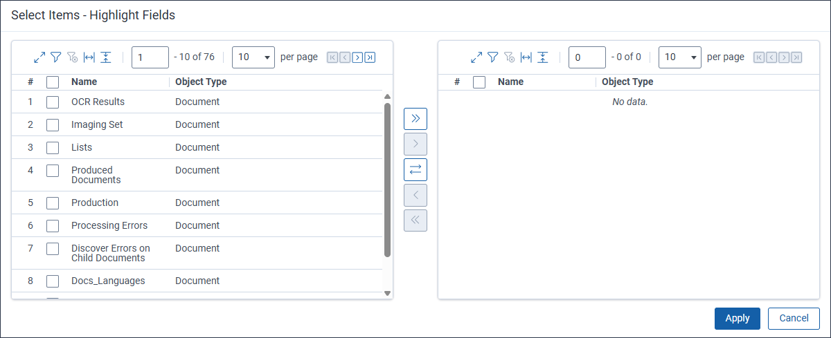 The Select Items - Highlight Fields modal