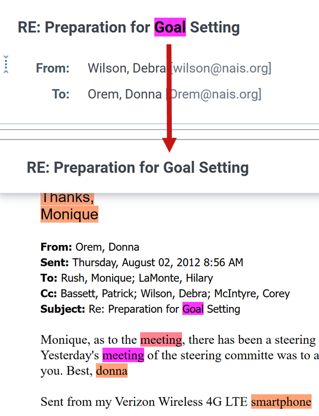 An example of the email header showing highlights and then the highlights no longer being visible once a user has scrolled down the page.