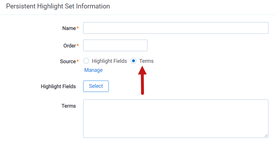 The Terms option in the Source field is highlighted.