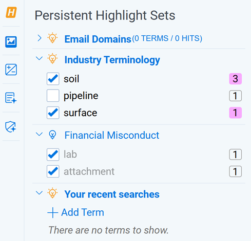 The Persistent Highlight Sets pane with a single term disabled.