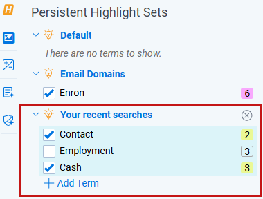 The Persistent Highlighting Sets pane with an active persistent highlight set and several recent searches applied.