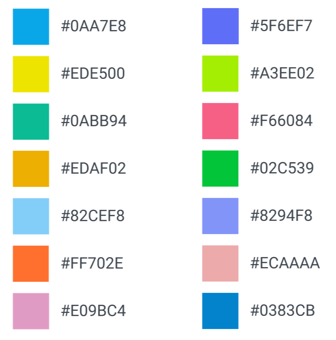 The hex codes for each color in the color library.