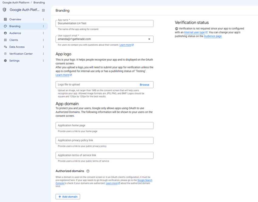 Google Auth Platform Branding page.