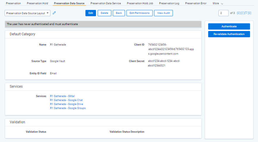 The preservation data source layout with Google Vault details.