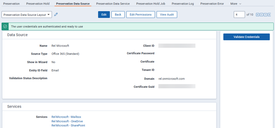 The Preservation data source layout for a Microsoft 365 data source.