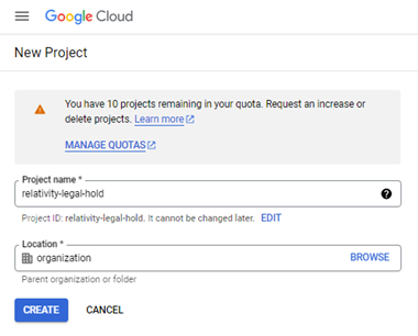 The New Project window in Google Cloud.