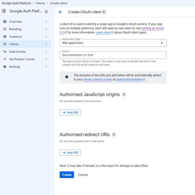 The Create OAuth client ID page.