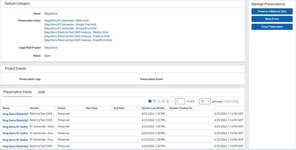 The Preservation Details page after completing the wizard steps.