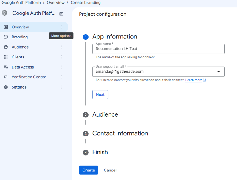 The Project configuration page and fields.