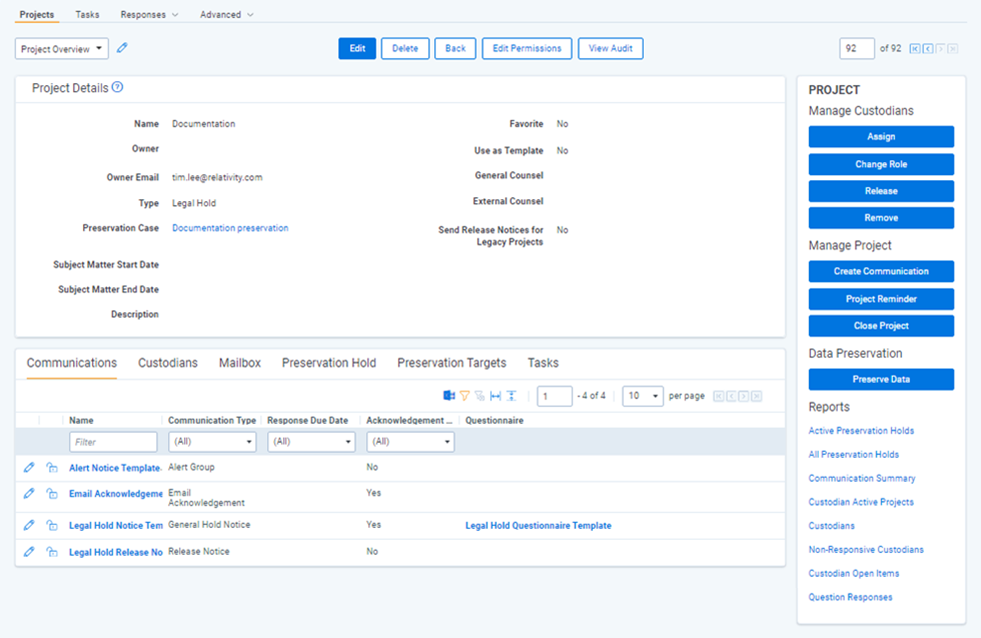Legal Hold Project Details page with new Preserve in-place app.
