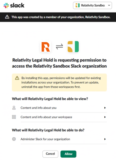 Pop-up window that requests permission to access your Slack organization.