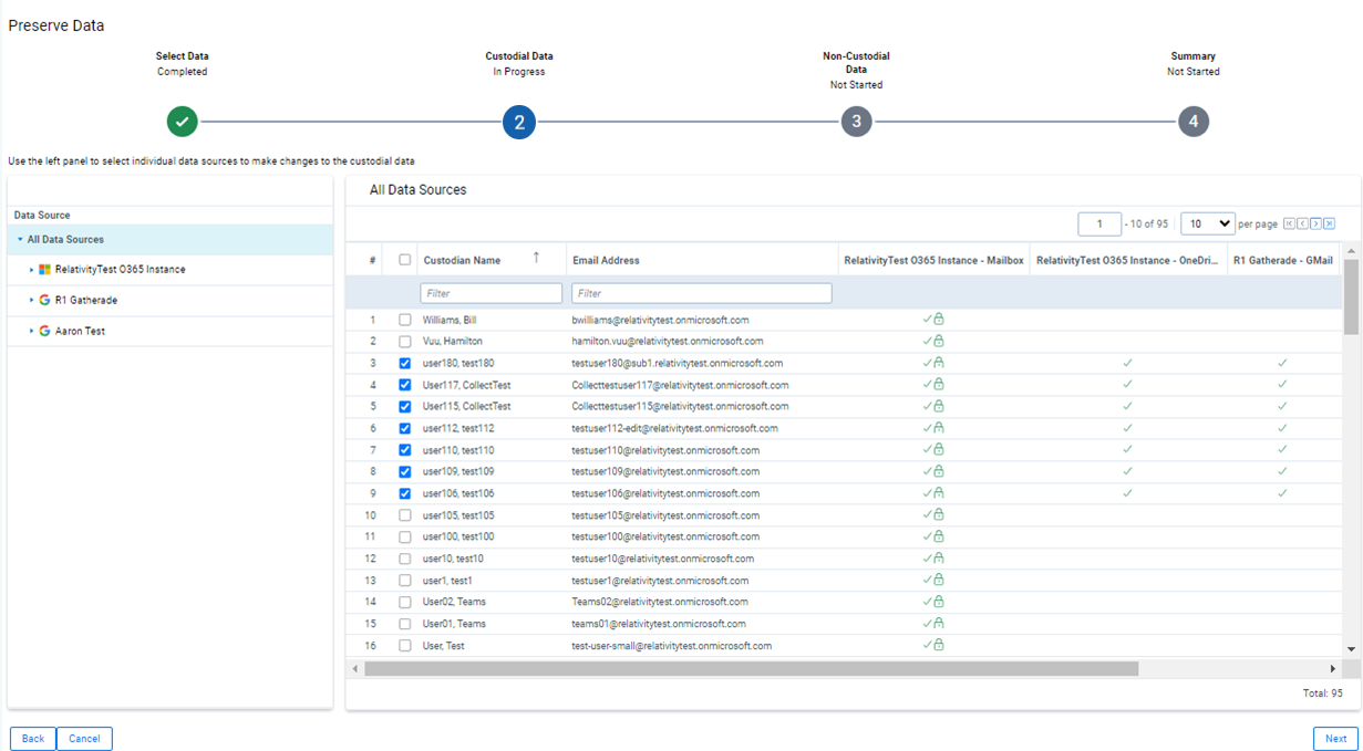 Select the custodial data you want to preserve in the second step of the wizard.