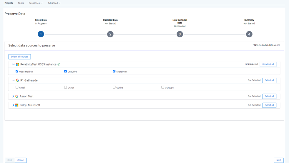 Select your data sources in the first step of the preservation wizard.