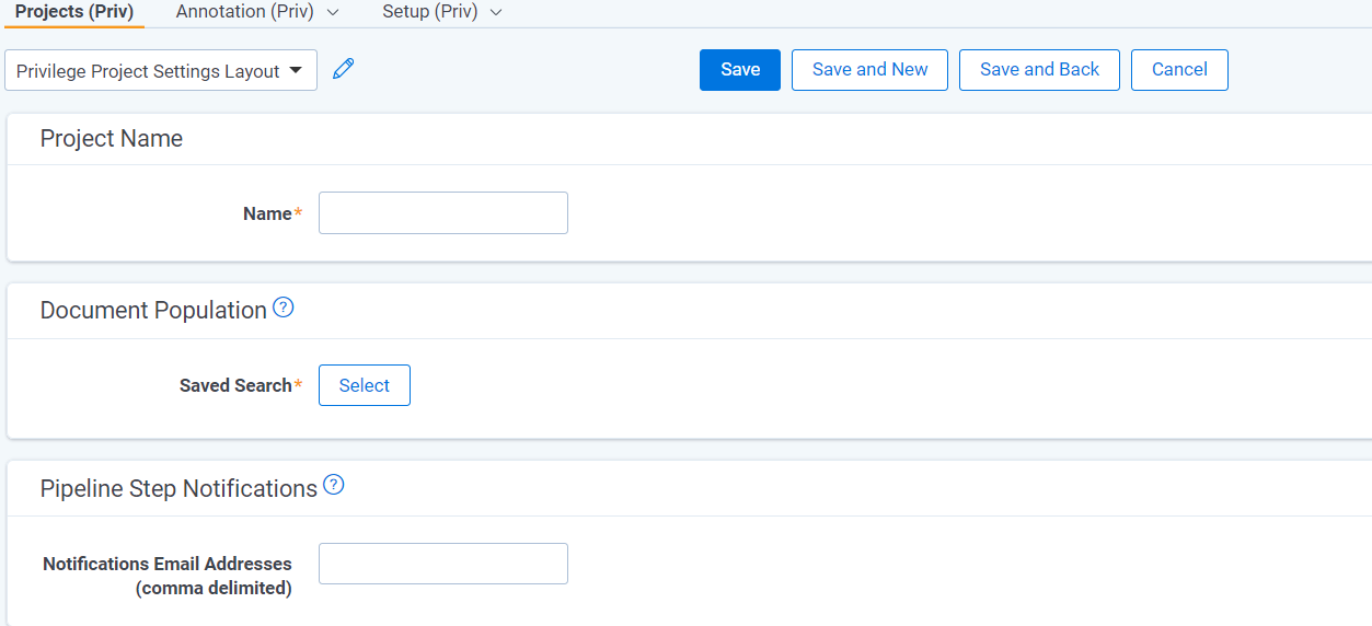 An image of the New Privilege Project form