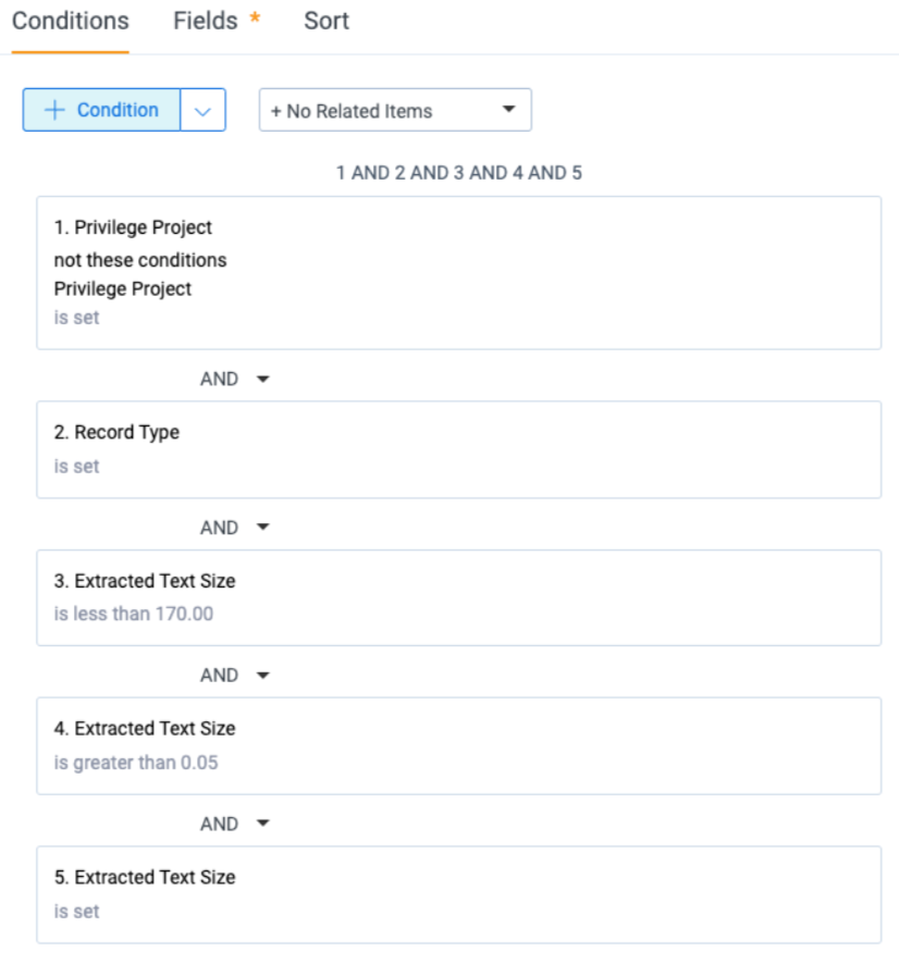 An image of the required saved search conditions configured on the Saved Search Conditions tab