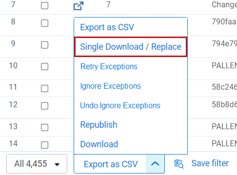 Mass action menu options highlighting single download and replace.