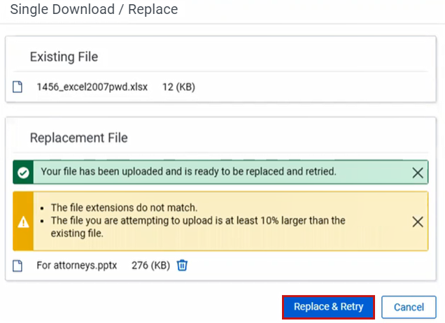 Replacement modal for single download and replace mass action.
