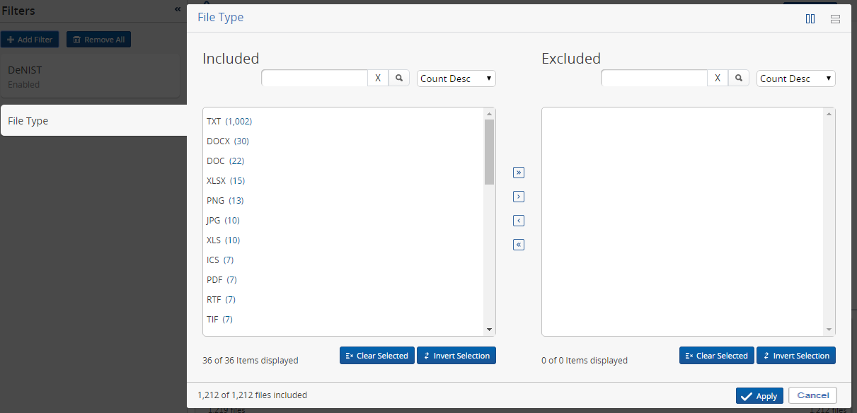 Two-list file type filter