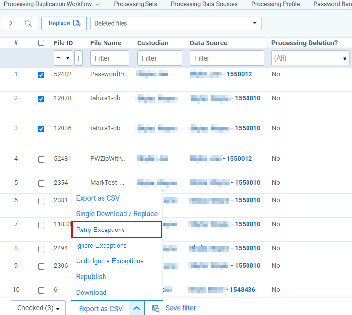 Discovered Files deleted documents view retry delete button