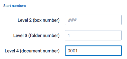 Start numbers control showing Level 4 - document numbers