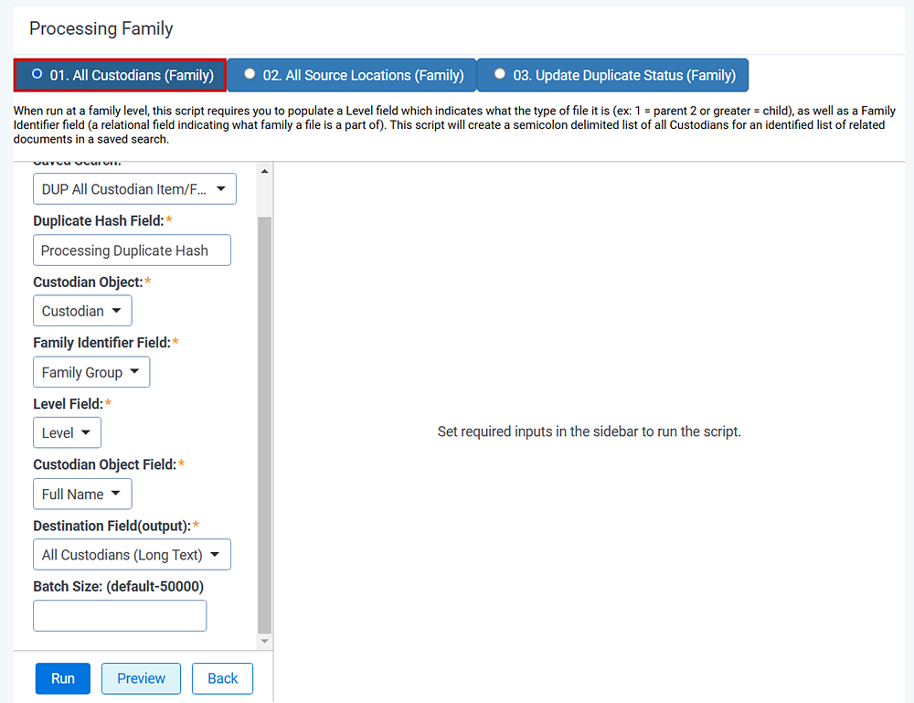 The landing page for the all custodians family-level script.