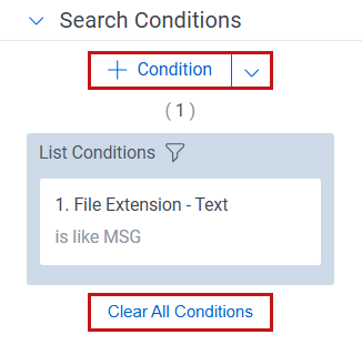 The search conditions console with the clear all conditions button highlighted.