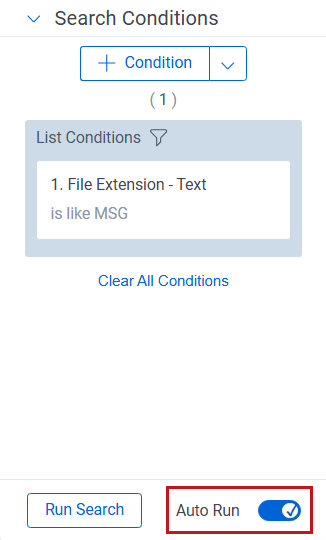 The search conditions console with the clear all conditions button highlighted.