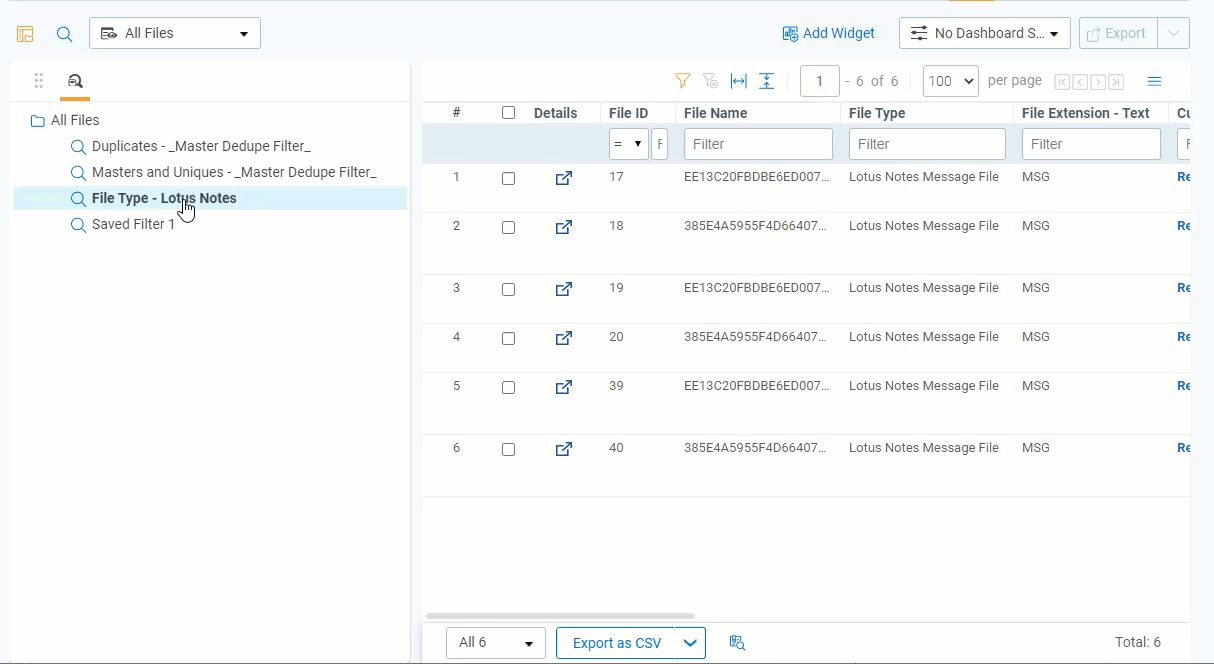 Screenshot of a saved filter's copy options.