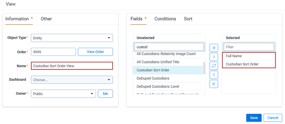 The settings for the custodian sort order view include the full name and custodian sort order fields.