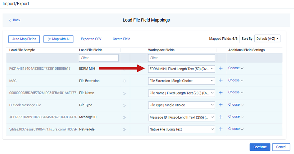 Import Export load file field mappings showing the EDRM MIH field mapped to the workspace corresponding hash field.