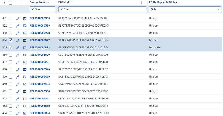List view showing potential duplicate documents returned by using the EDRM MIH hash.