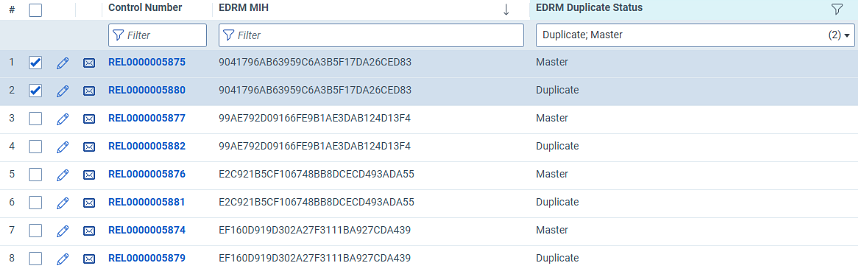 List view showing potential duplicate documents filtered by the duplicate status of master and duplicate.