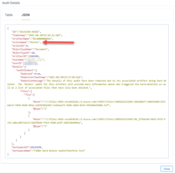 Screen shot of the details modal with action items