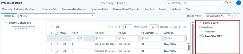 Saved searches tree showing the newly created saved filter.