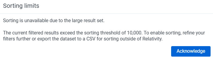 Limitied sorting message that appears if you try to sort a list with too many files.