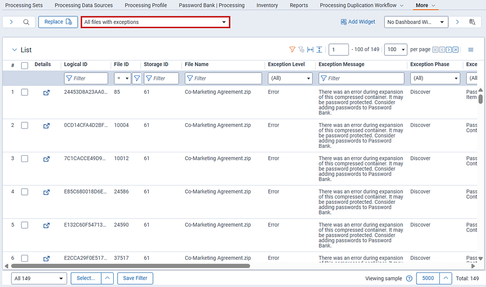The current files with exceptions view on the files tab.
