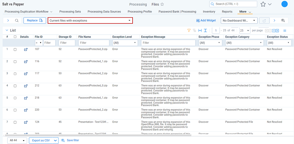Files tab > Current Files with Exceptions view