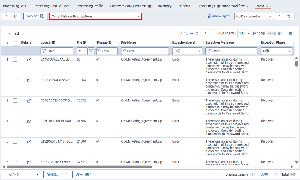 The current files with exceptions view on the files tab.