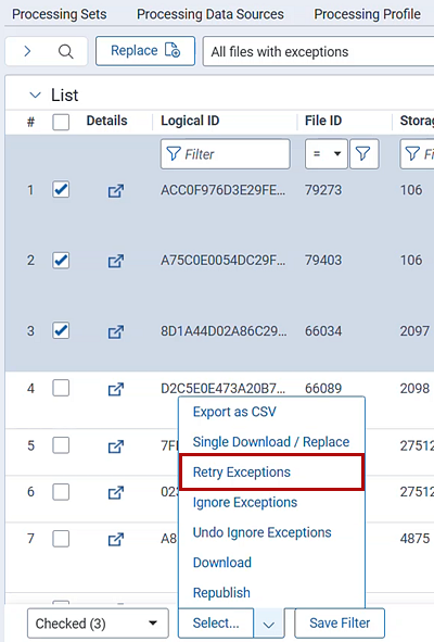 The Retry Exceptions option in the mass action drop-down list.