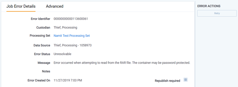 Job error details