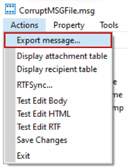 The actions menu with export message selected.