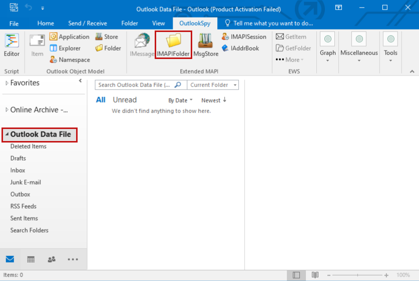 The outlook data file user interface with the imapi folder icon highlighted. On the left side is a expanded menu with outlook data file highlighted.