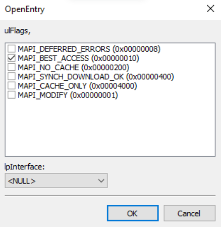 The open entry flags pop-up showing the mapi best access option selected.