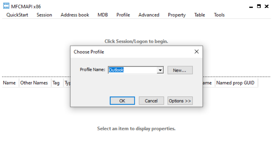 Selecting a profile from the mfc mapi session screen. In this image, outlook is the profile selected.