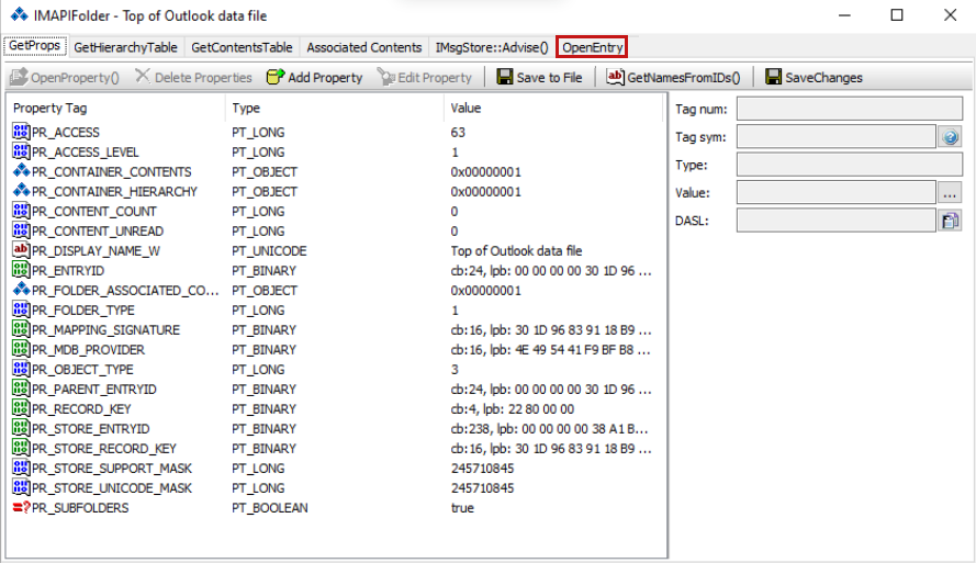 The imapi folder screen showing the open entry menu option highlighted.