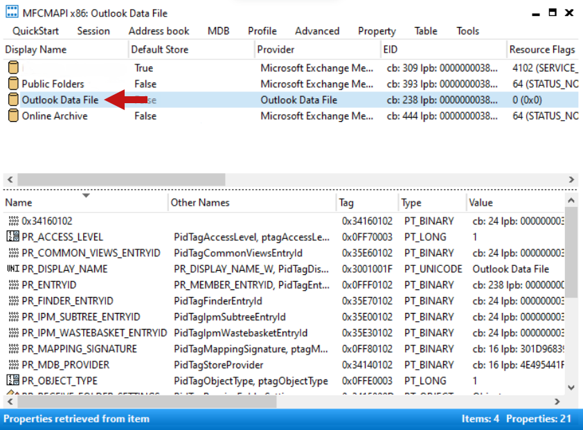 MAPI stores containing pst files. Outlook data file is highlighted.